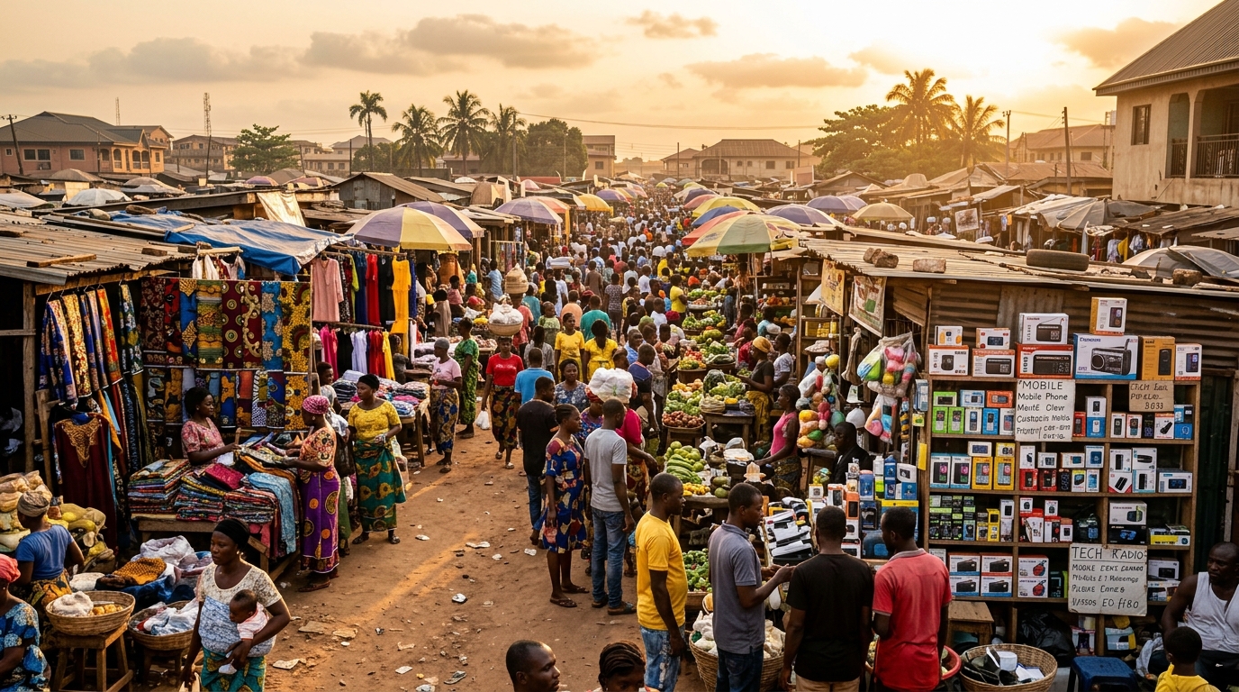 Vibrant African market with vendors and buyers, warm golden light