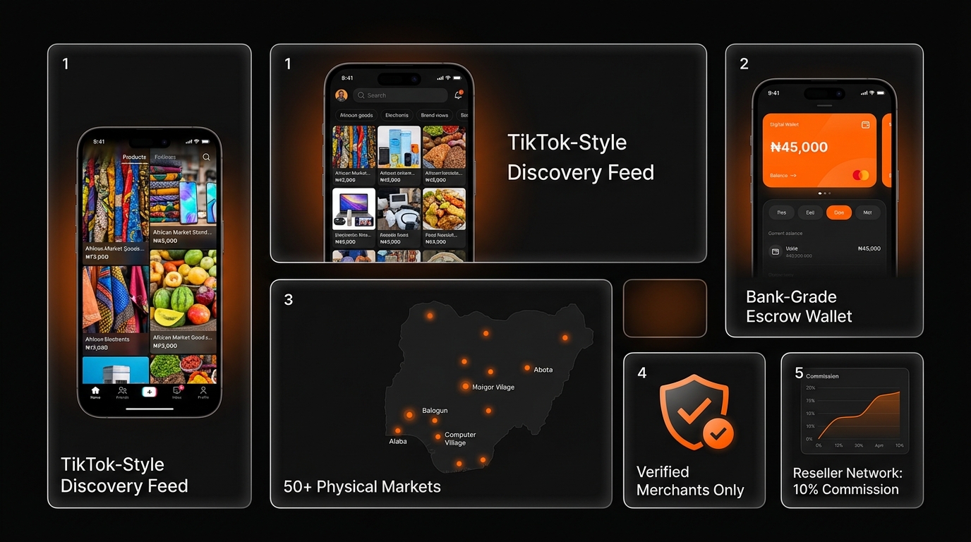 Marketplaza feature bento grid showing TikTok feed, wallet, market map, Genesis Shield, and reseller network